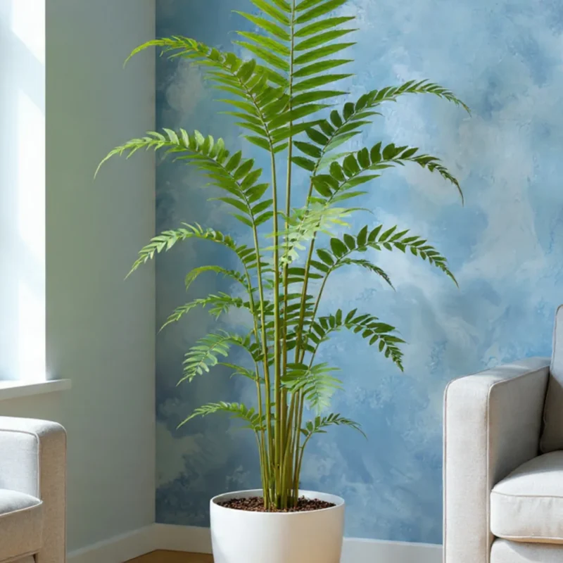 A lush Bamboo Palm in a sleek modern pot, placed in a freshly painted living room with open windows.
