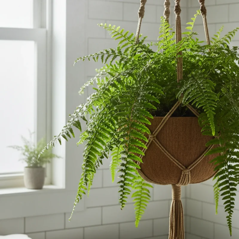A vibrant Boston Fern in a decorative hanging basket.