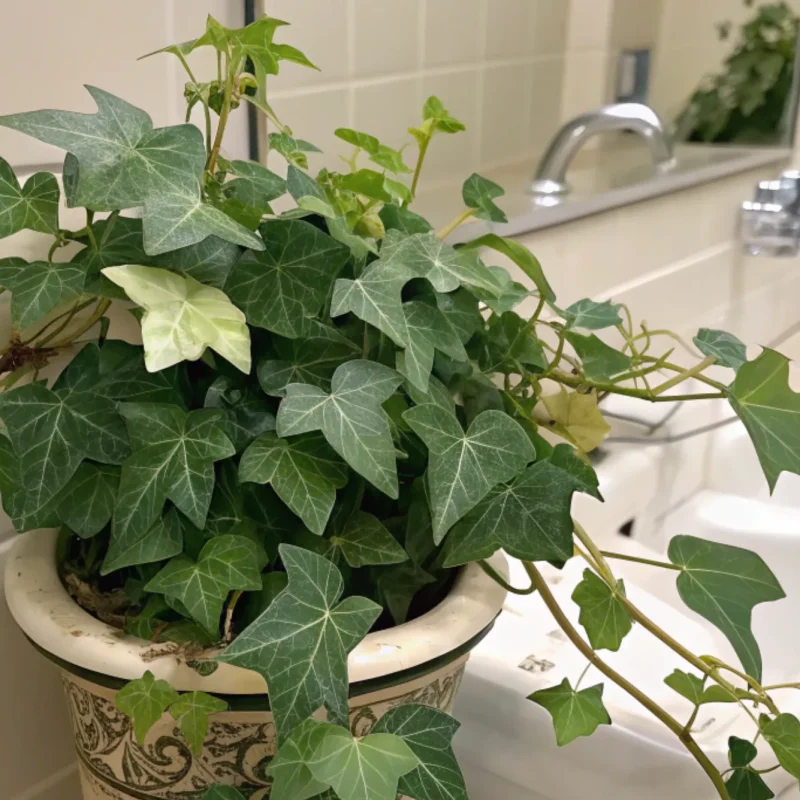 A lush English Ivy in a sleek pot, cascading over a bathroom vanity.