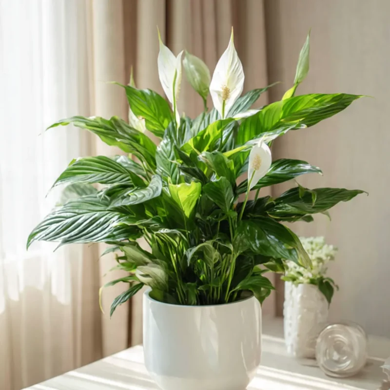 A vibrant Peace Lily in a chic white pot on a bedside table, surrounded by a cozy bedroom.