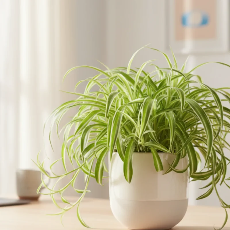 A spider Plant in a stylish pot on a counter table.